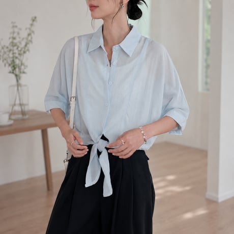 sheer tie hem short sleeve shirt/3color　MA2030