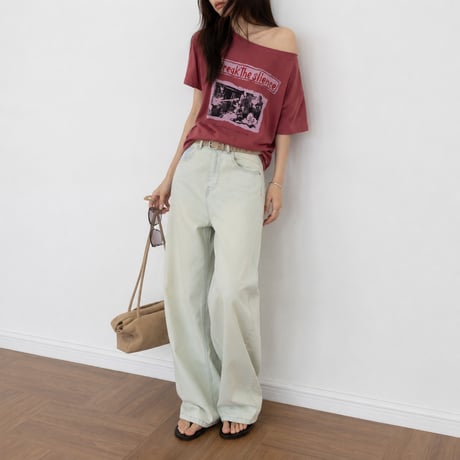 print light wash mid rise straight denim pants　MA2100