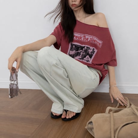 print light wash mid rise straight denim pants　MA2100