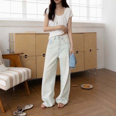print light wash mid rise straight denim pants　MA2100