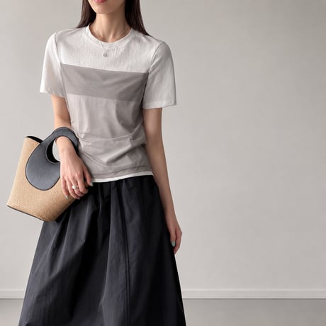 contrast color sheer layered drawstring top/2color　MA2079