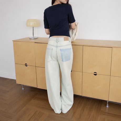 print light wash mid rise straight denim pants　MA2100