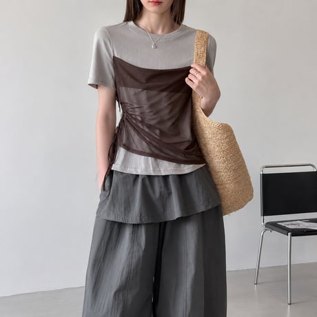 contrast color sheer layered drawstring top/2color　MA2079