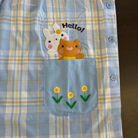 <26年秋新作>【おてんばママ】たんぽぽ うさぎ＆くまアップリケ付き エプロン YC-7001/ブルー【M-L】