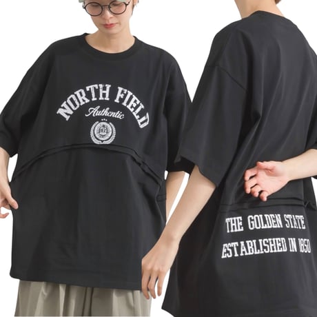 263581吸水速乾 ロゴ ヘム切替 チュニック Tシャツ