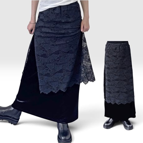 2195 花柄レース×ベロアロングスカート