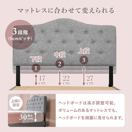 ベッド セミダブル ファブリックベッド マットレス付き シングル ベッドフレーム すのこベッド おしゃれ 北欧 グレー ホテルライク 高さ調整 3段階 通気性 脚付きベッド 布張り 一人暮らし 新生