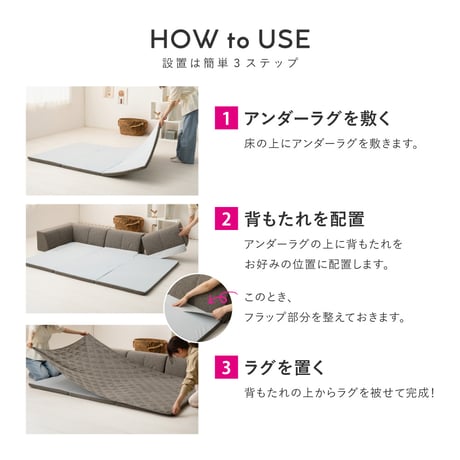 ピターら ラグソファ 2帖セット 2帖用（ラグ：約180×180cm） ※詳細のサイズは組み合わせ方により異なります ポリエステル ウレタンフォーム 置くだけでピタッと密着 ラグ･アンダーラグ･背も