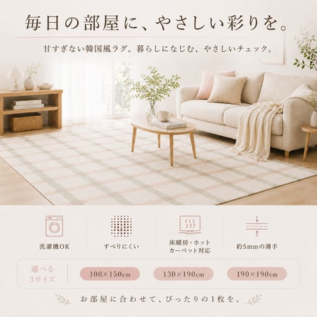 韓国ラグ ラグ 韓国風 チェック柄 ラグマット 洗える 滑り止め 100×150cm 130×190cm 190×190cm 薄手 約5mm マイクロファイバー 韓国インテリア 北欧 おしゃれ かわ
