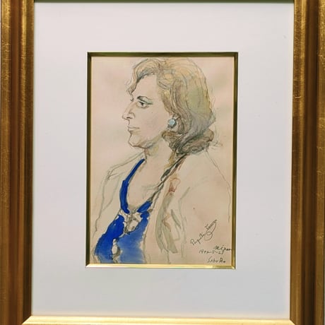 斎藤三郎　水彩・パステル　「婦人像」　豪華額装　1974年作 サイン画題記入