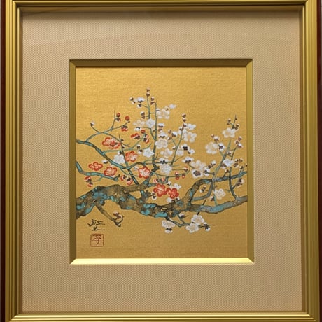 平川敏夫　日本画（金地絹本）　「紅白梅」　高級額装　共シール　三越扱い
