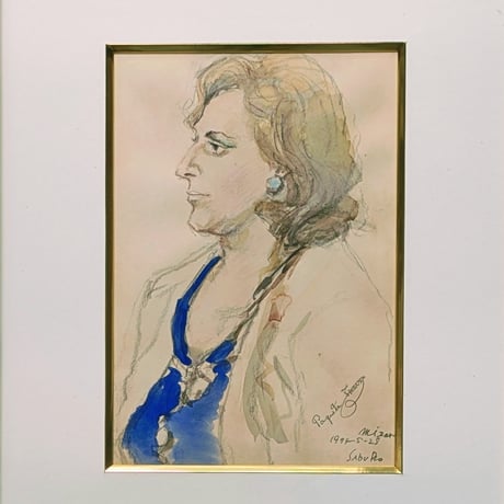 斎藤三郎　水彩・パステル　「婦人像」　豪華額装　1974年作 サイン画題記入
