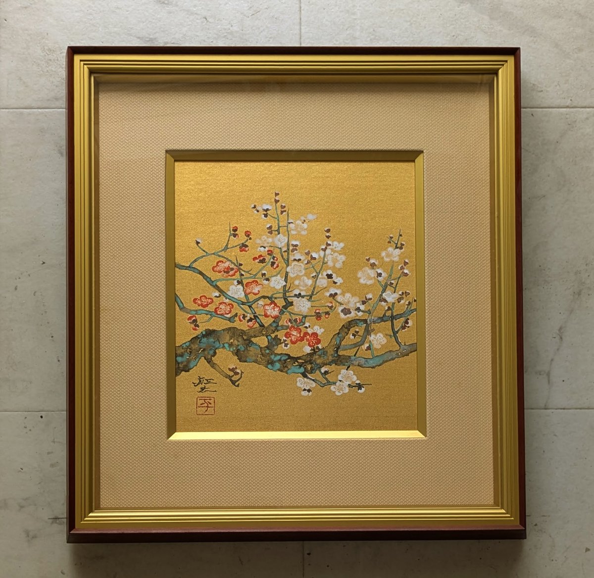 秋葉長生 10号 日本画 紅梅 シールあり 箱あり 平川敏夫 日本画（金地絹本） 「紅白梅」 高級額装 共シール 三越扱い