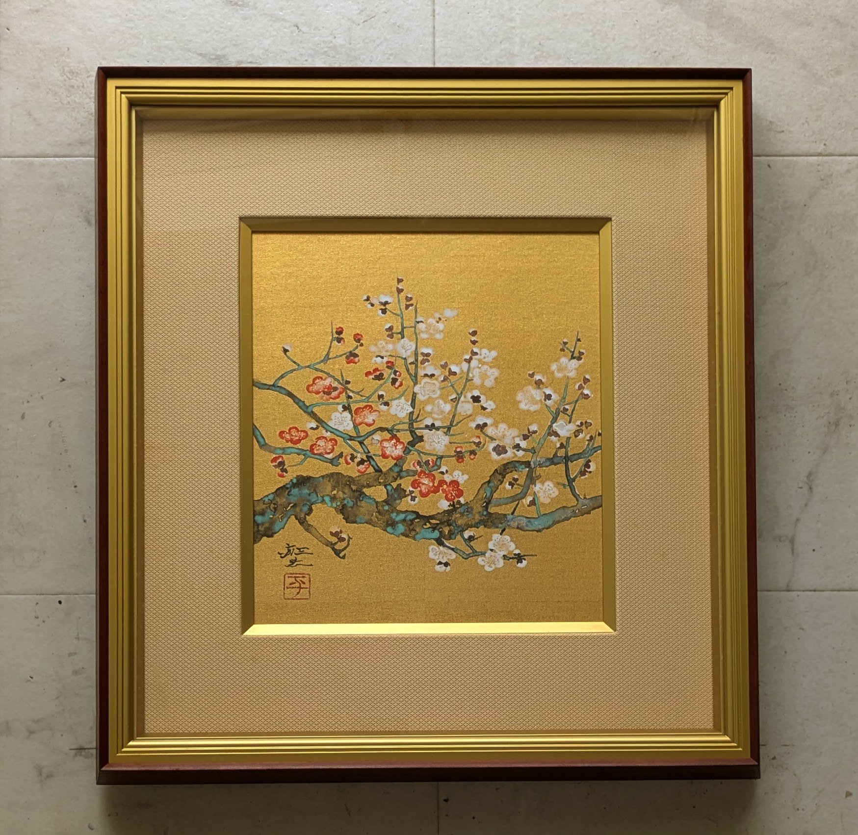 #平川敏夫「梅花来春」リトグラフ 額装品 141/150 直筆サイン 平川敏夫 日本画（金地絹本） 「紅白梅」 高級額装 共シール 三越扱い