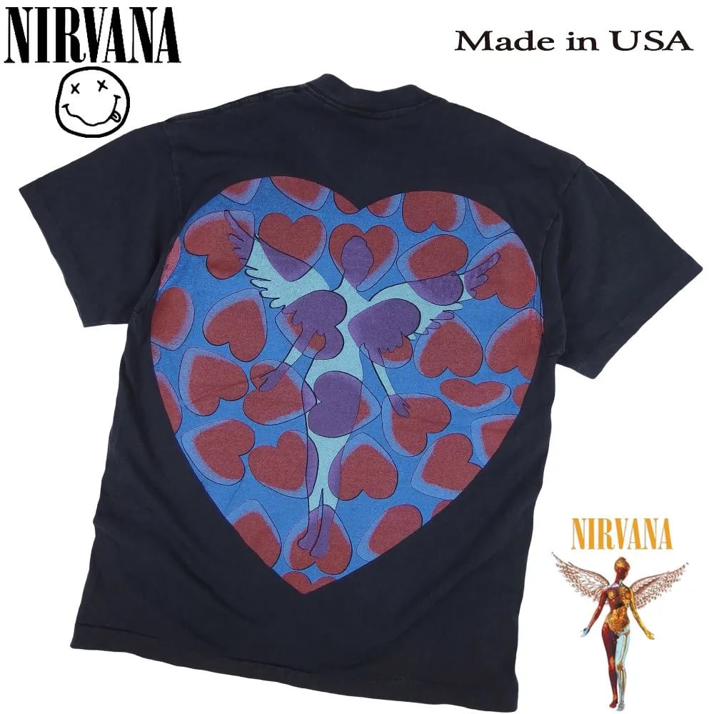 ニルヴァーナ shape heart 総柄 フルプリント 加工 Tシャツ NIRVANA ニルヴァーナ Tシャツ ハートシェイプ USA製 ブラック Lサイズ