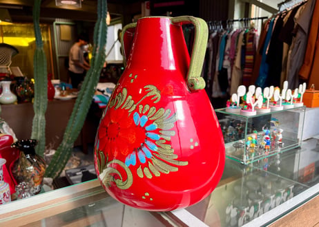 【vintage】イタリア製 陶器 フラワーベース / 花器 飾り壺 赤 花柄