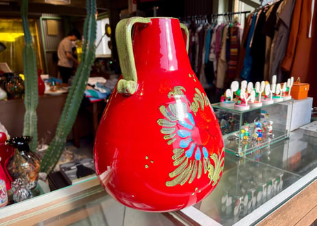 【vintage】イタリア製 陶器 フラワーベース / 花器 飾り壺 赤 花柄