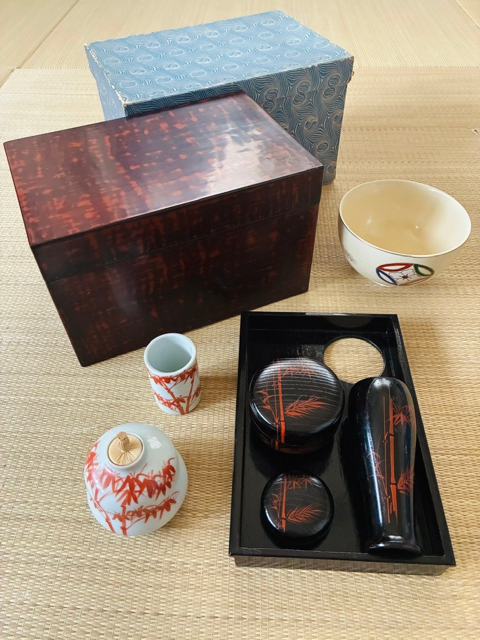 美品 茶箱元箱付】宗恵 曙塗利休茶箱7点セット 利休茶箱/茶箱用陶器3点