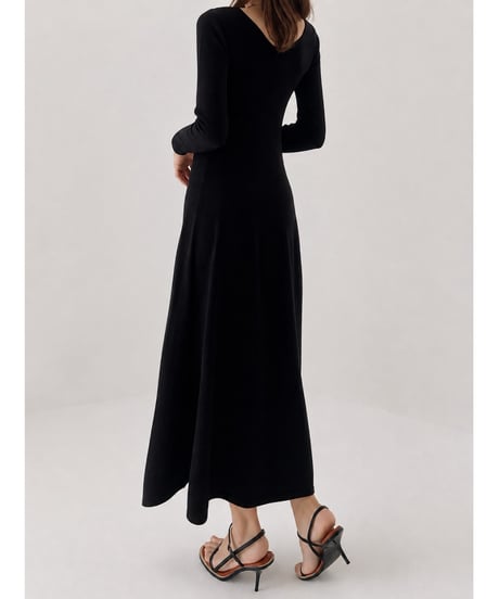 【再入荷】V-Neck Elegant Knit Long Dress Black