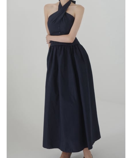 Cross-Neck Halter Maxi Dress (Navy)