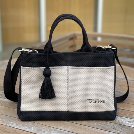 TASSELトートバッグ両面Sサイズ BLACK×GREIGE ※ショルダーストラップ&タッセルチャーム付き