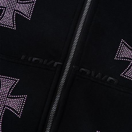 【 Unknown 】Black X Pink Allover Cross Rhinestone Zip Hoodie