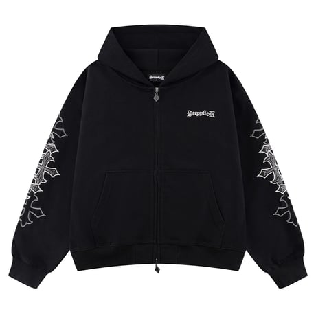 【 SUPPLIER 】Multiple Cross Leather Patch Zip Hoodie