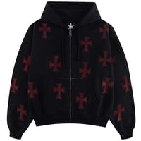 【 Unknown 】Black X Red Cross Rhinestone Zip Hoodie