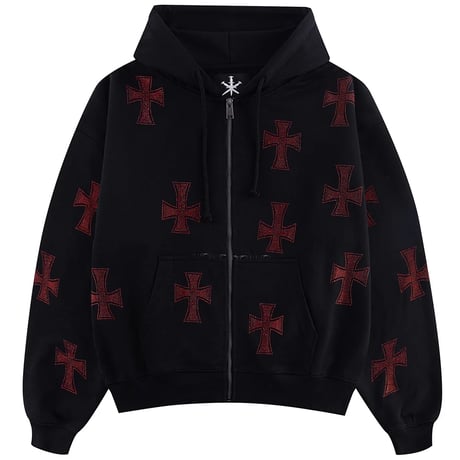 【 Unknown 】Black X Red Cross Rhinestone Zip Hoodie
