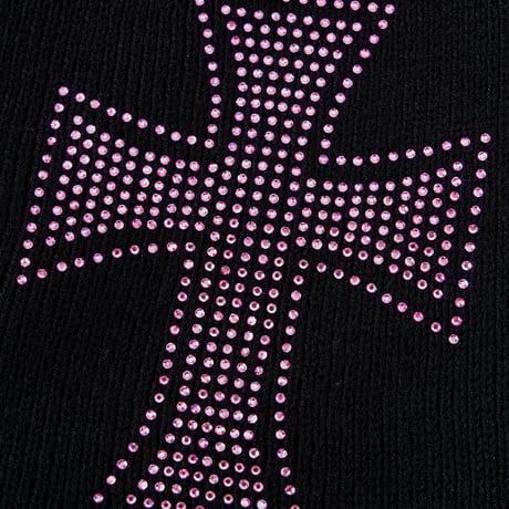 【 Unknown 】Black X Pink Cross Rhinestone Beanie