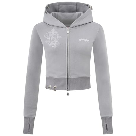 【 Sup Baby 】Multiple Cross Pierced Zip Hoodie Women'S