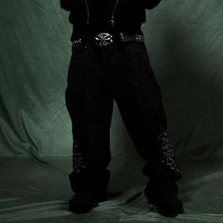 【 SUPPLIER 】Multiple Cross Leather Patch Baggy Denim