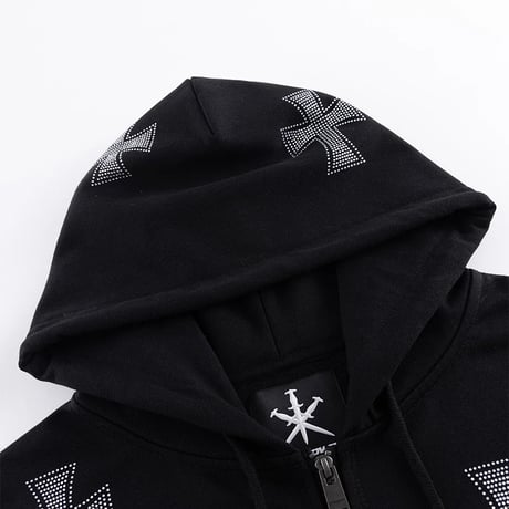 【 Unknown 】Black X Silver Cross Rhinestone Zip Hoodie