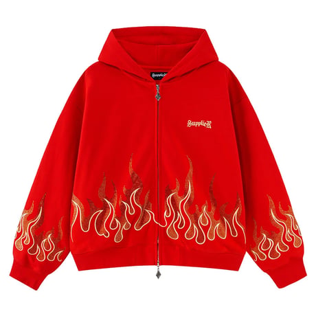 【 SUPPLIER 】Fire Pattern Rhinestone Zip Hoodie