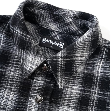 【 SUPPLIER 】Cross Rhinestone Flannel Check Shirt