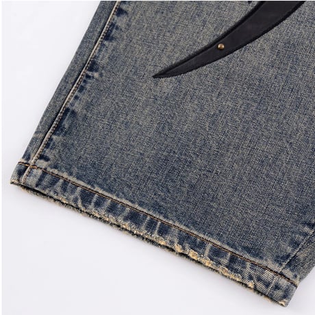 【 SUPPLIER 】Studs Tribal Leather Patch Curve Denim