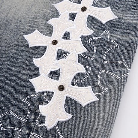 【 SUPPLIER 】Multiple Cross Leather Patch Baggy Denim