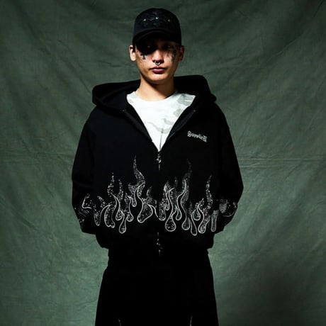 【 SUPPLIER 】Fire Pattern Rhinestone Zip Hoodie