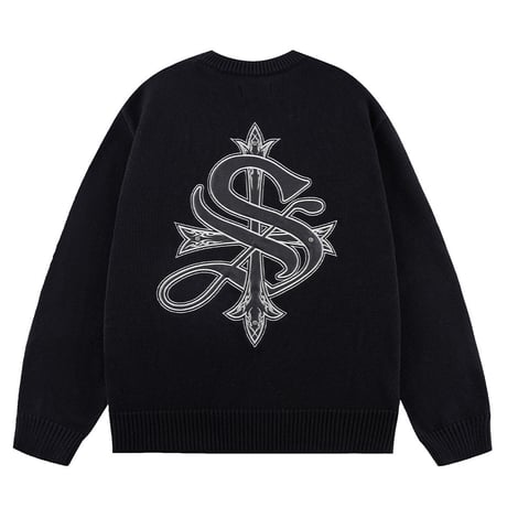 【 SUPPLIER 】Tribal Cross Leather Patch Crew Knit