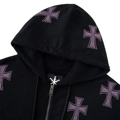 【 Unknown 】Black X Pink Allover Cross Rhinestone Zip Hoodie