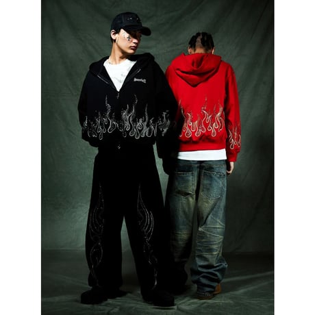 【 SUPPLIER 】Fire Pattern Rhinestone Zip Hoodie
