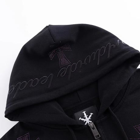 【 Unknown 】Black X Purple Cross Rhinestone Zip Hoodie