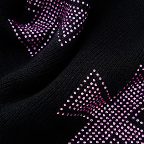 【 Unknown 】Black X Pink Cross Rhinestone Beanie