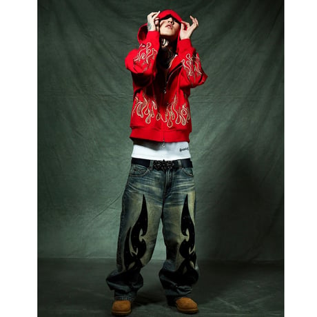 【 SUPPLIER 】Fire Pattern Rhinestone Zip Hoodie