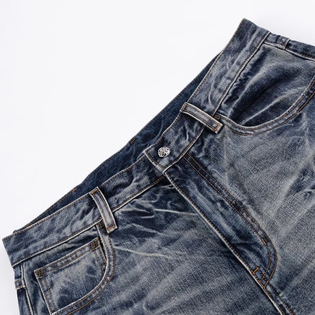 【 SUPPLIER 】Multiple Cross Leather Patch Baggy Denim