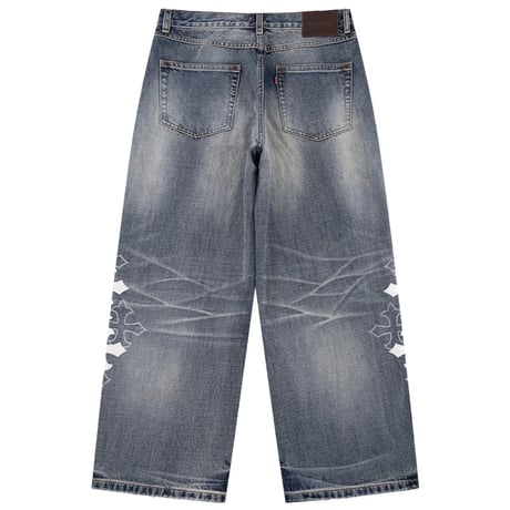 【 SUPPLIER 】Multiple Cross Leather Patch Baggy Denim