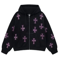 【 Unknown 】Black X Pink Allover Cross Rhinestone Zip Hoodie