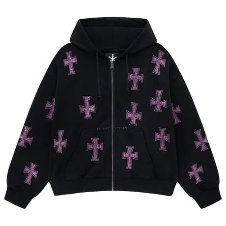 【 Unknown 】Black X Pink Allover Cross Rhinestone Zip Hoodie