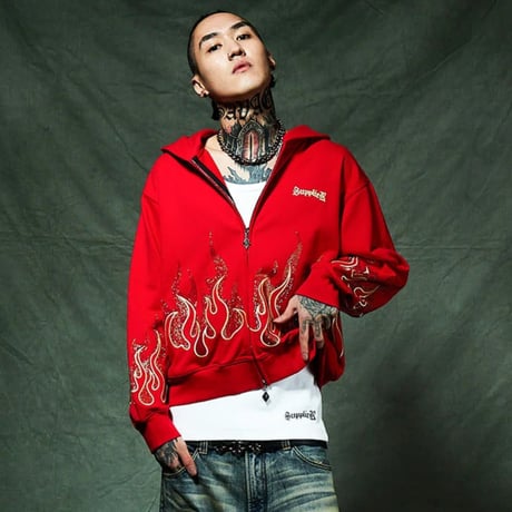 【 SUPPLIER 】Fire Pattern Rhinestone Zip Hoodie