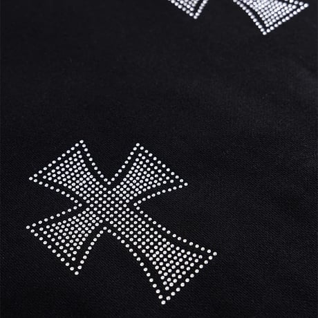 【 Unknown 】Black X Silver Cross Rhinestone Zip Hoodie